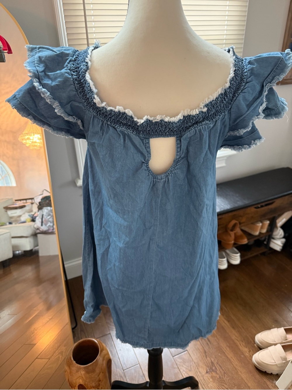 Derek Heart Blue Denim-Look Smocked Neck Mini Dress - Picture 7 of 12
